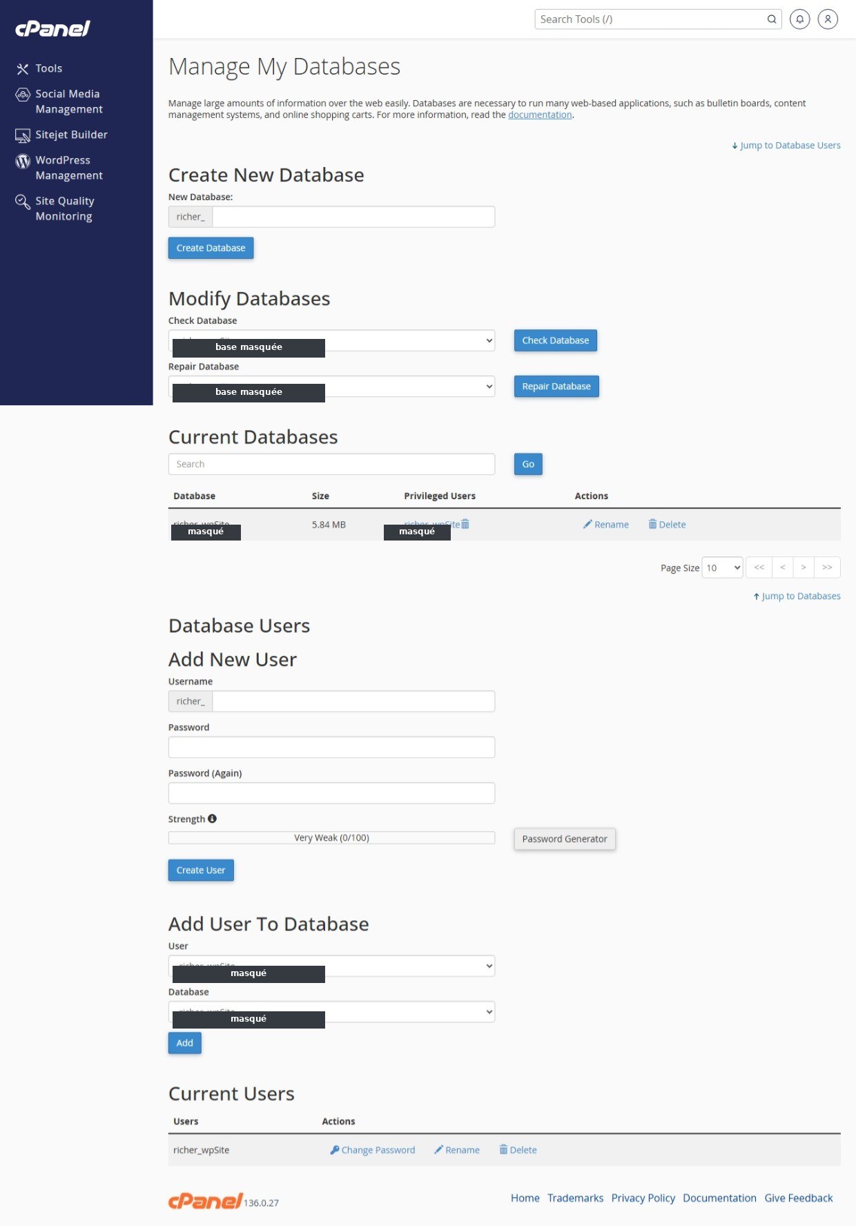 Outil de gestion des bases de données MySQL dans cPanel : création de base, d'utilisateur et association