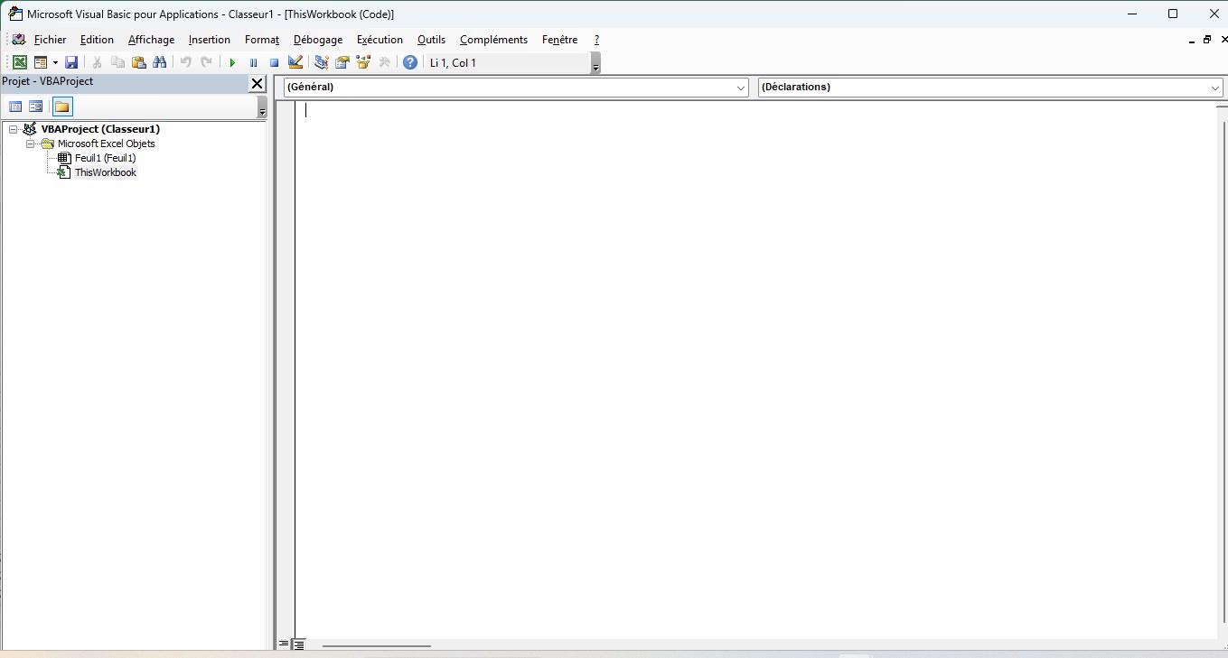 Éditeur Visual Basic (VBE) d'Excel : l'explorateur de projets à gauche avec ThisWorkbook et Feuil1, et la zone de code vide à droite