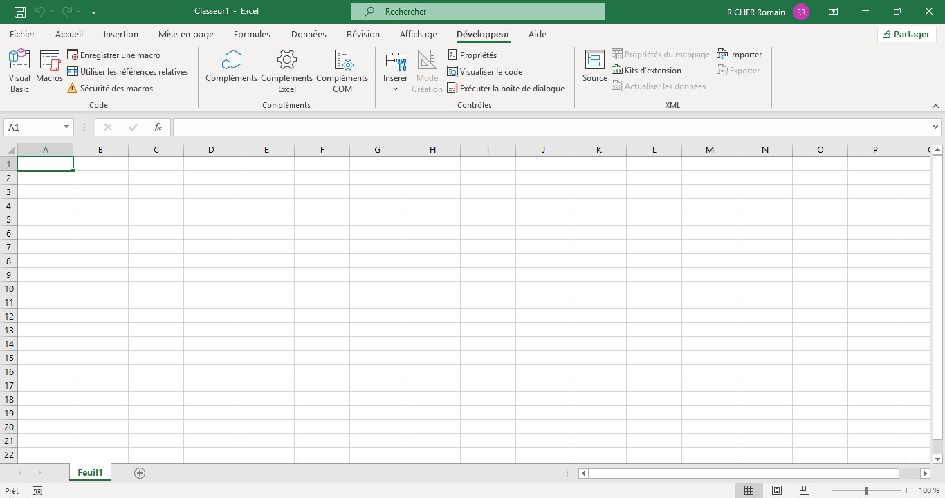 Onglet Développeur affiché dans le ruban Excel, avec le groupe Code : Visual Basic, Macros, Enregistrer une macro et Sécurité des macros