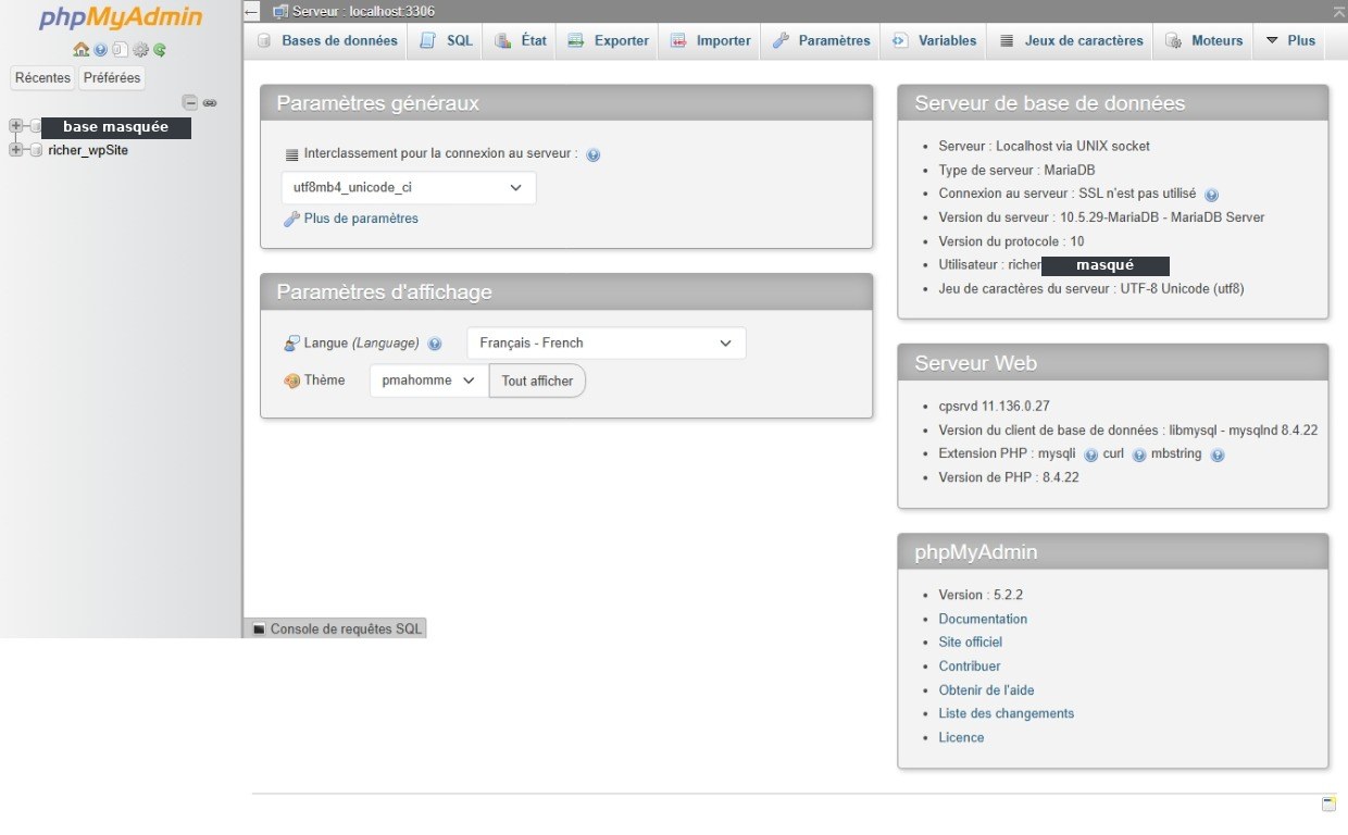 Interface de phpMyAdmin : page d'accueil avec la liste des bases à gauche, les paramètres généraux et les informations du serveur de base de données