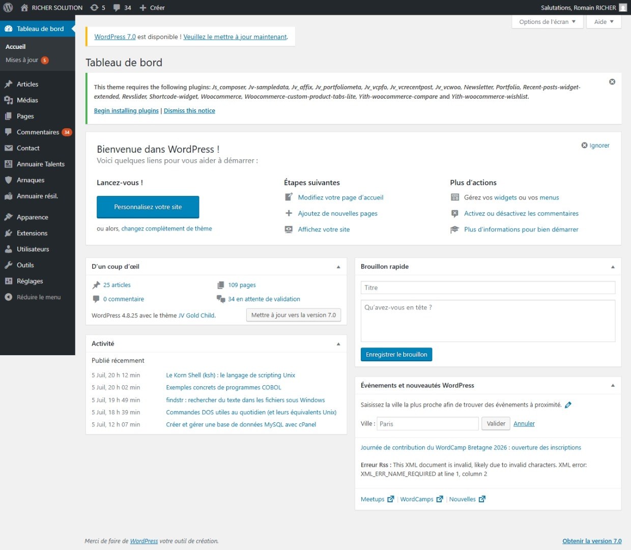 Tableau de bord WordPress : interface d'administration avec le menu latéral et les modules d'accueil