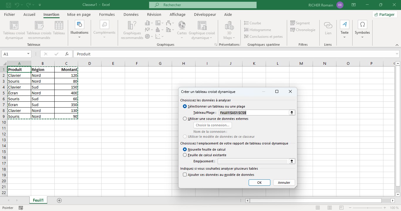 Boîte de dialogue Créer un tableau croisé dynamique dans Excel, avec la plage de données sélectionnée et l'option Nouvelle feuille de calcul
