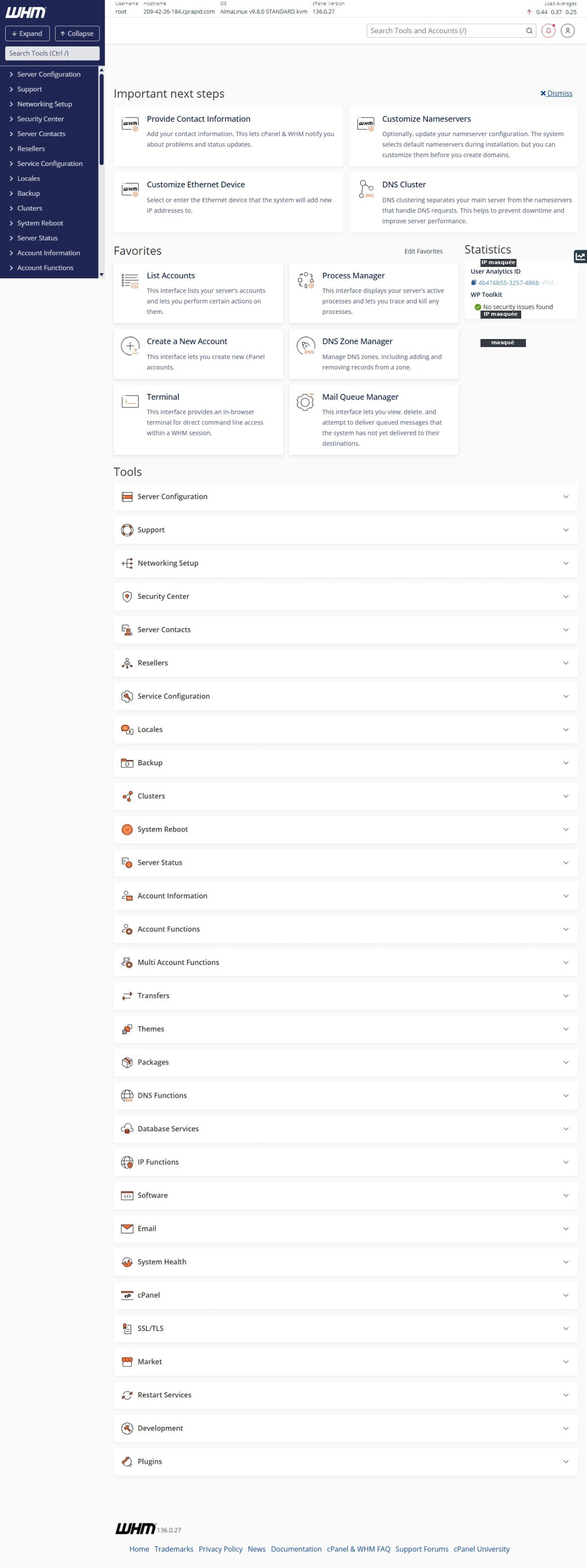 Interface WHM (Web Host Manager) : page d'accueil avec les fonctions d'administration serveur