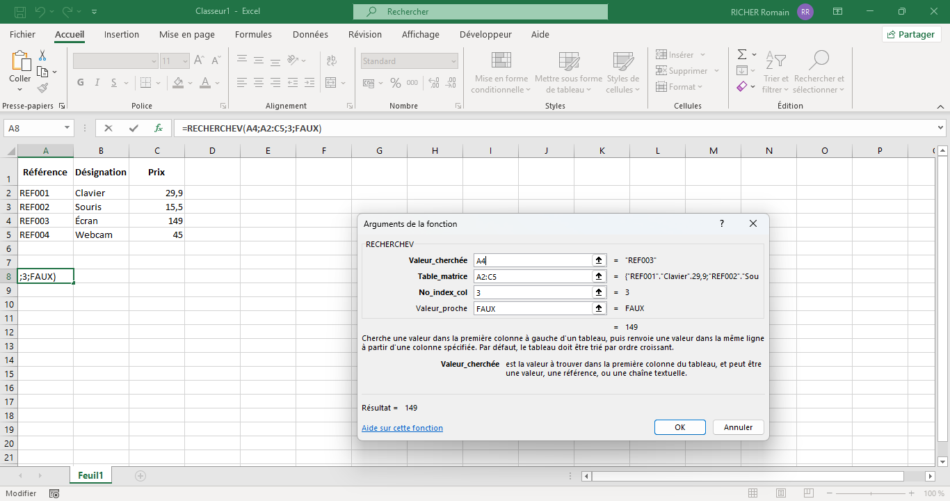 Exemple de la fonction RECHERCHEV dans Excel avec la boîte de dialogue Arguments de la fonction